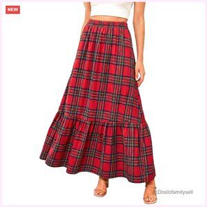 Plaid Ruffled Maxi Skirt High-Rise Waist A-Line Long Skirt XS-XL